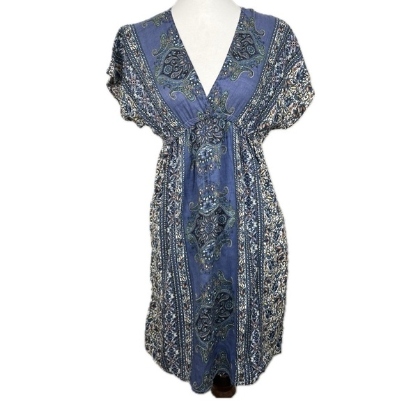 Angie Kimono Sleeve Blue Paisley Floral V-Neck Boho Festival Hippie Dress Size S - Picture 1 of 12